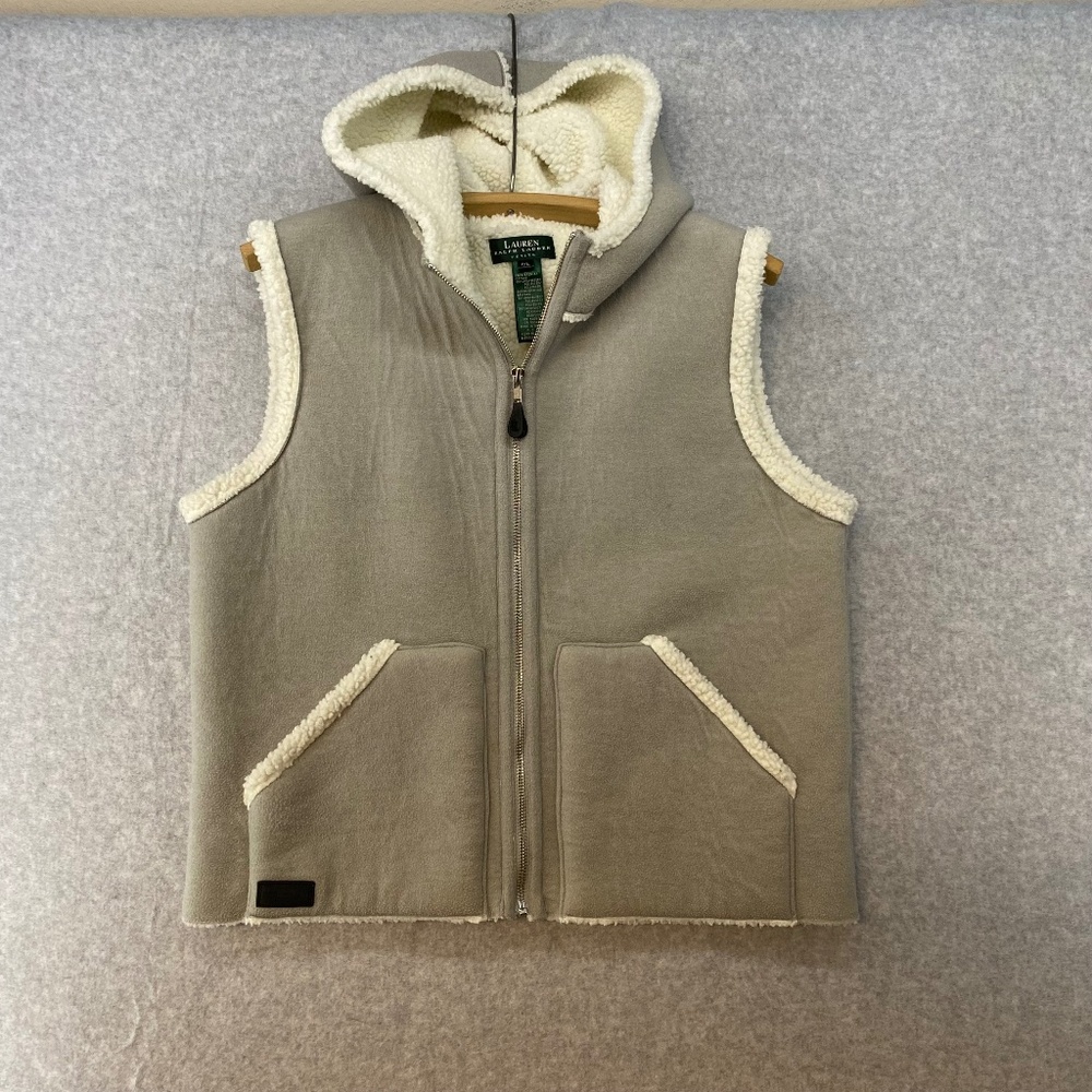Lauren Ralph Lauren Size PL Grey Suede Like Fleece Sheerling Lined Vest Full Zip